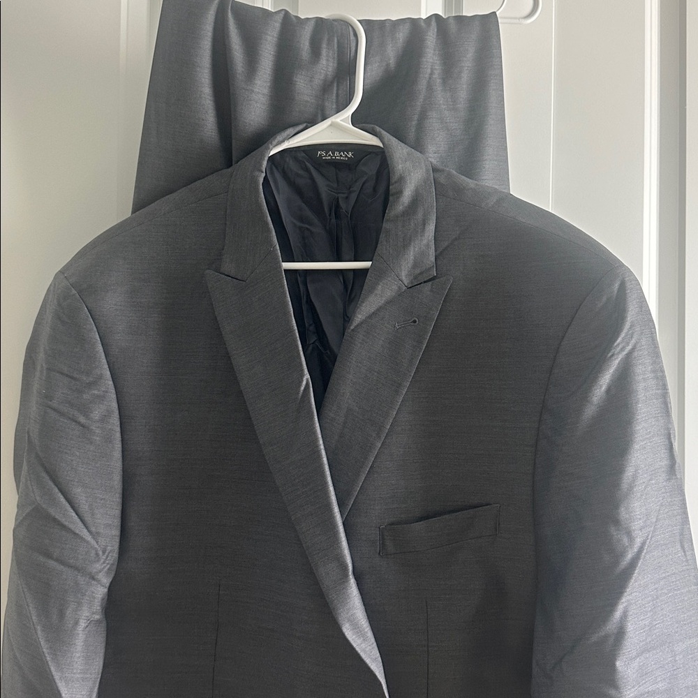 Jos A Banks dark grey suit with unhemmed pants